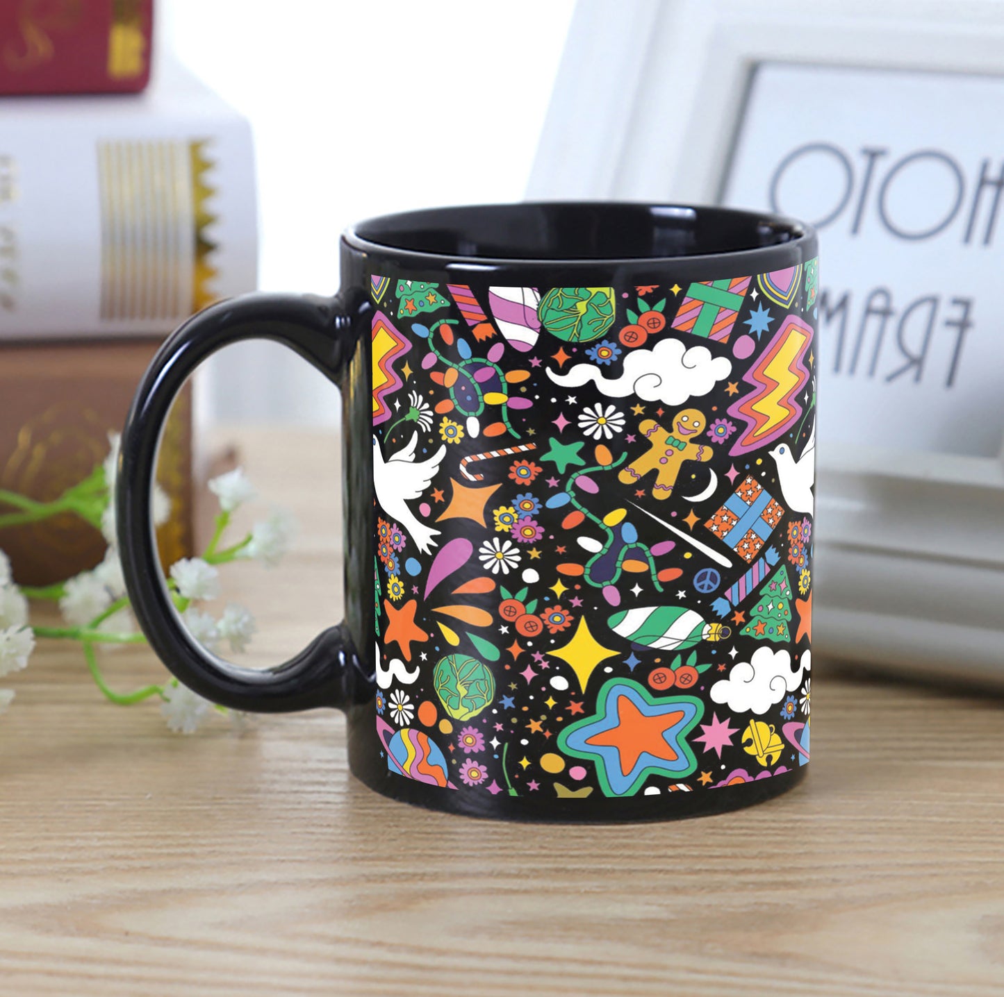 Modern Christmas Illustrated pattern Design Full Black 330 ml Coffee Mug with Coaster