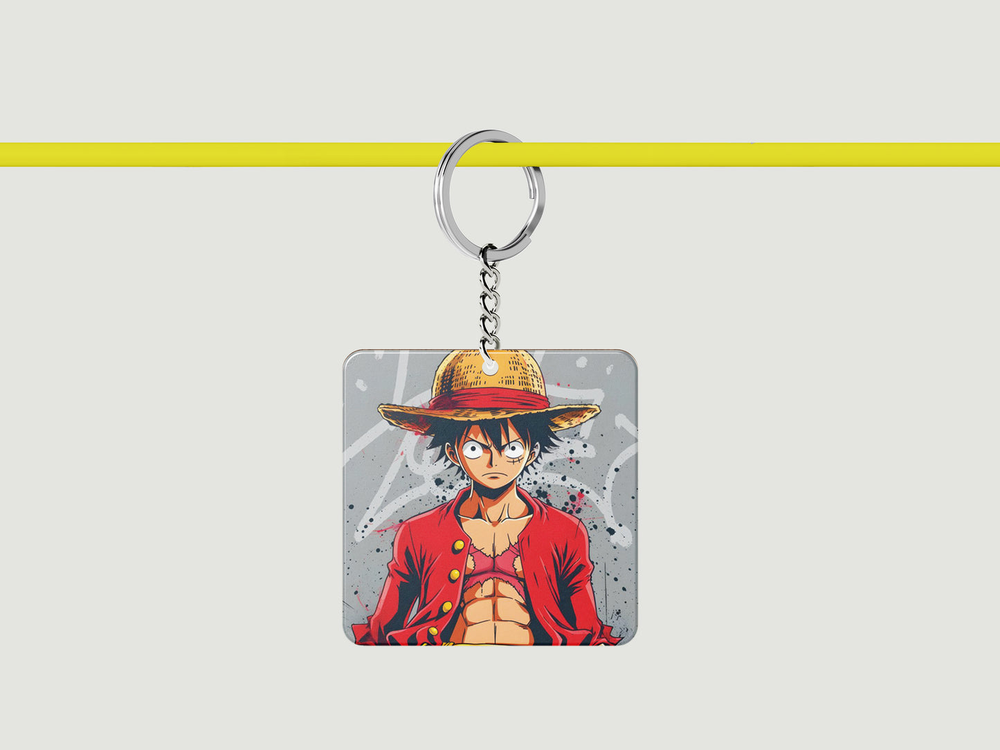Tableau One Piece - Luffy Portrait - Décoration Murale Design Printed Square Shape Wooden Keyring with Chain