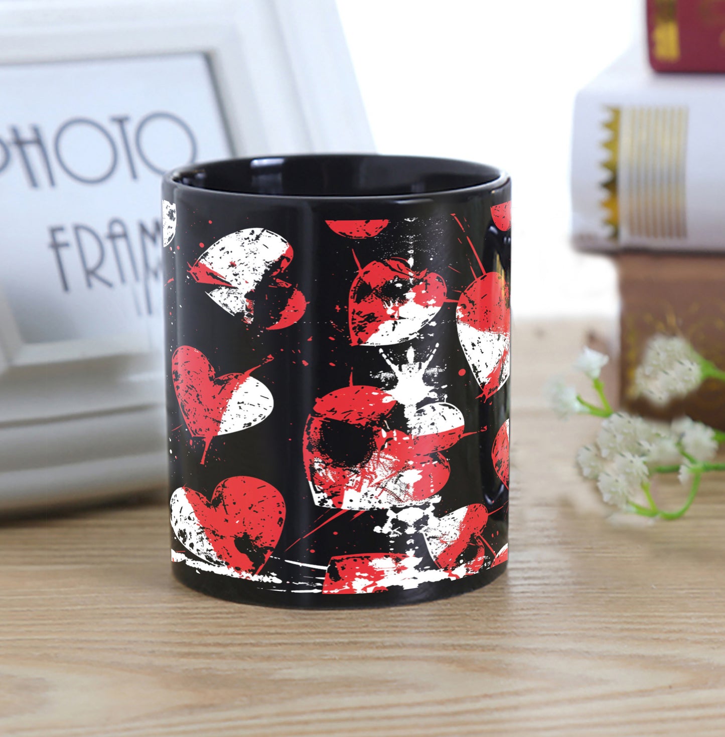 Red and White Stamped Hearts Pattern Combo Mugs and Coaster(Set of 2 Mugs and 2 coasters) 330 ml Full Black Coffee Mug