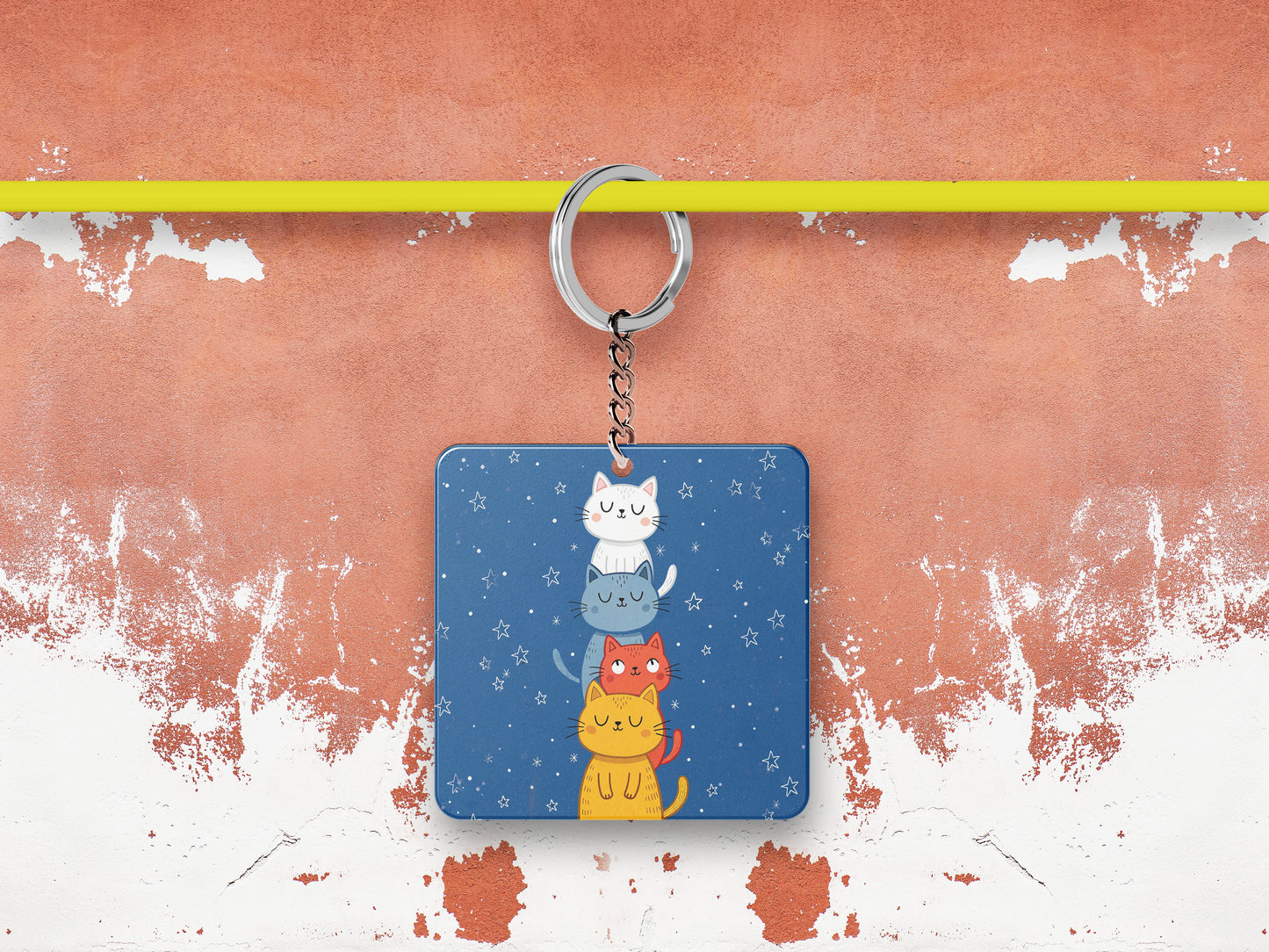 Cat illustration Pattern Printed 330 ml White Coffee Mug with Square Shape Wooden Keyring and Chain