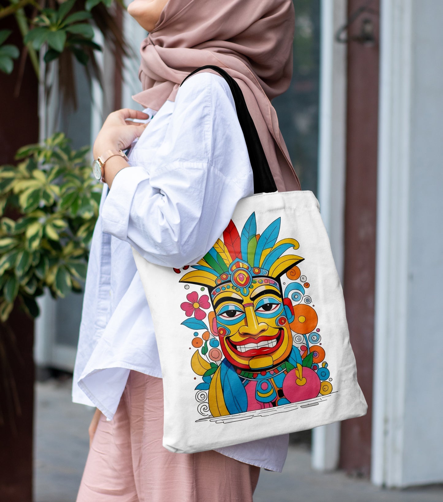 Tiki Tribal Mask Hawaiian Art Design Printed Black Handle Tote Bag (14 X 16 Inches) For Shopping, College, Travel