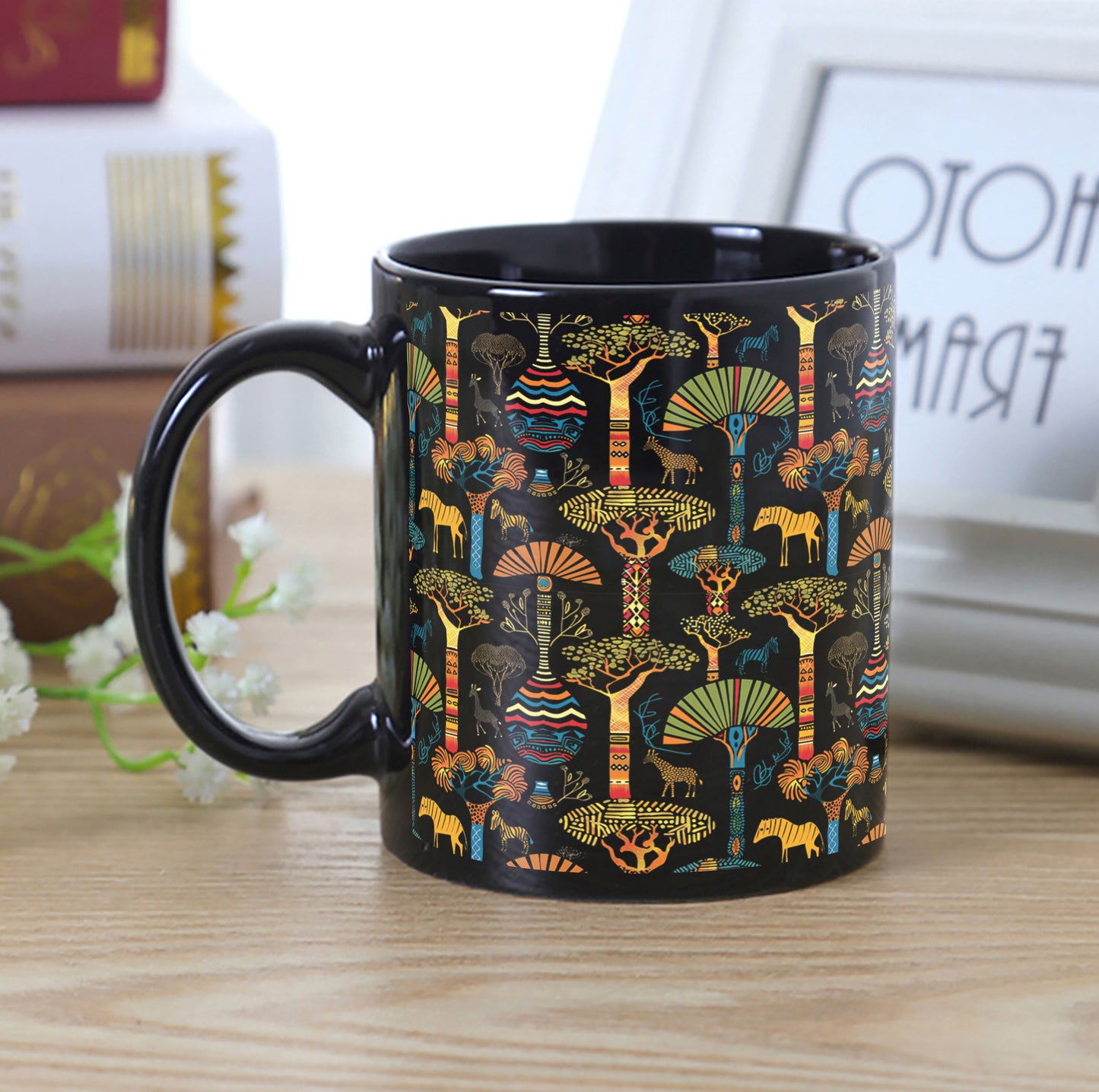 Tree and Animals African Pattern Design Full Black 330 ml Coffee Mug with Coaster