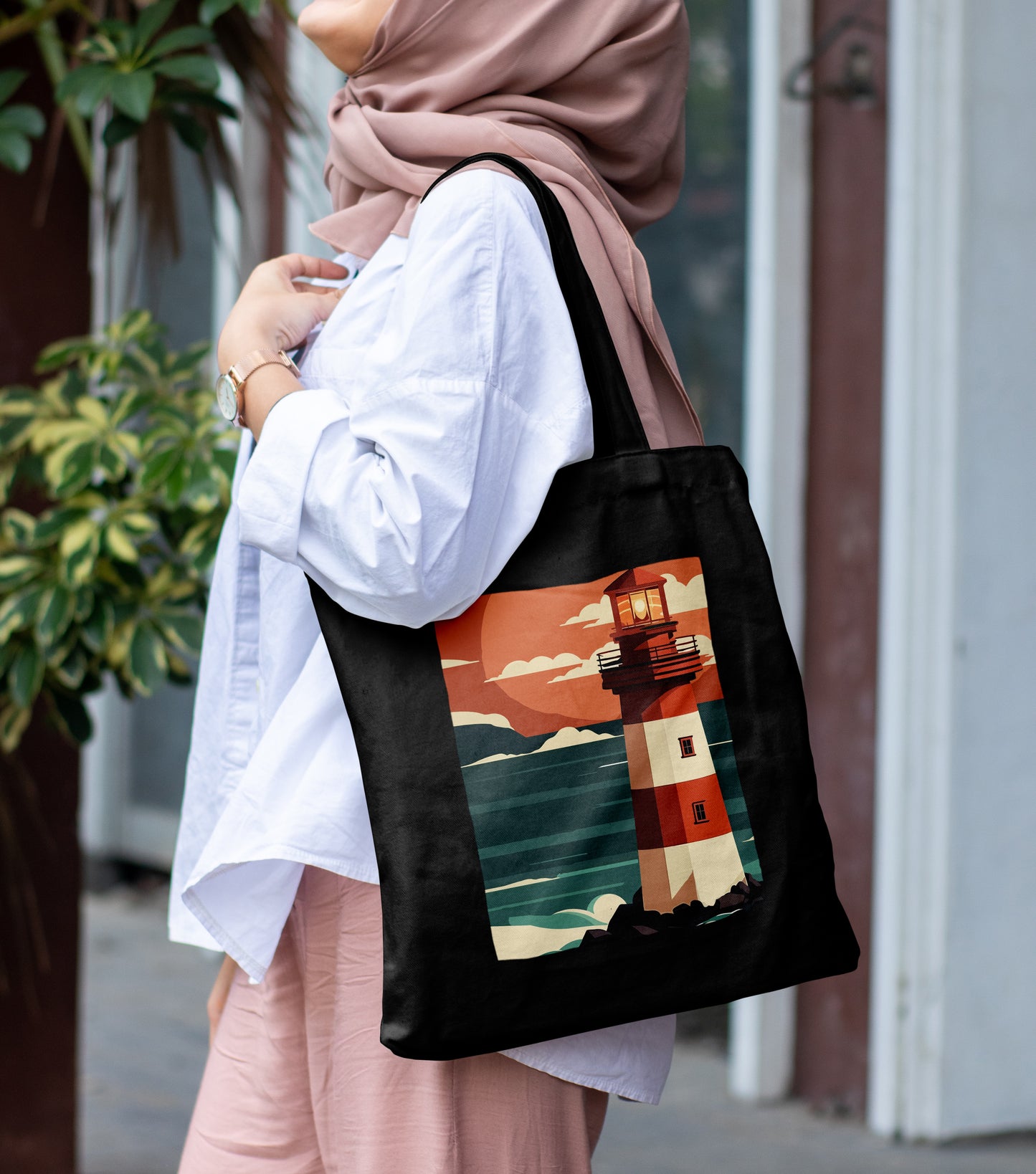 Lighthouse and sunset vector Design Printed Black Patch With Pocket Tote Bag (14 X 16 Inches) For Shopping, College, Travel