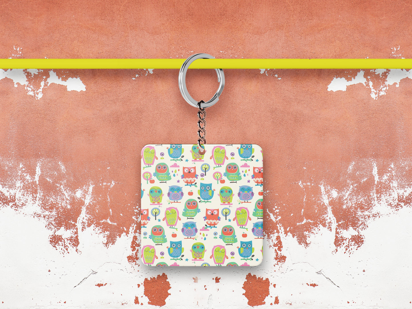 Owl Pattern Printed 330 ml White Coffee Mug with Square Shape Wooden Keyring and Chain