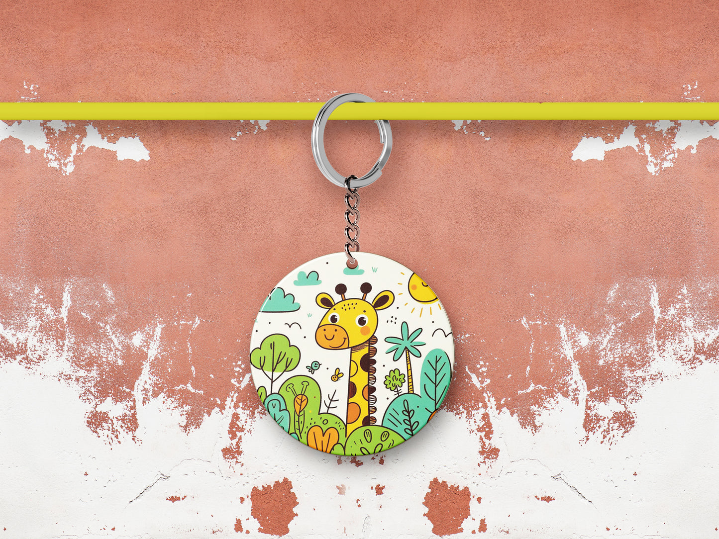 A cartoon drawing of giraffes and trees Printed Round Circle Shape Wooden Keyring with Chain