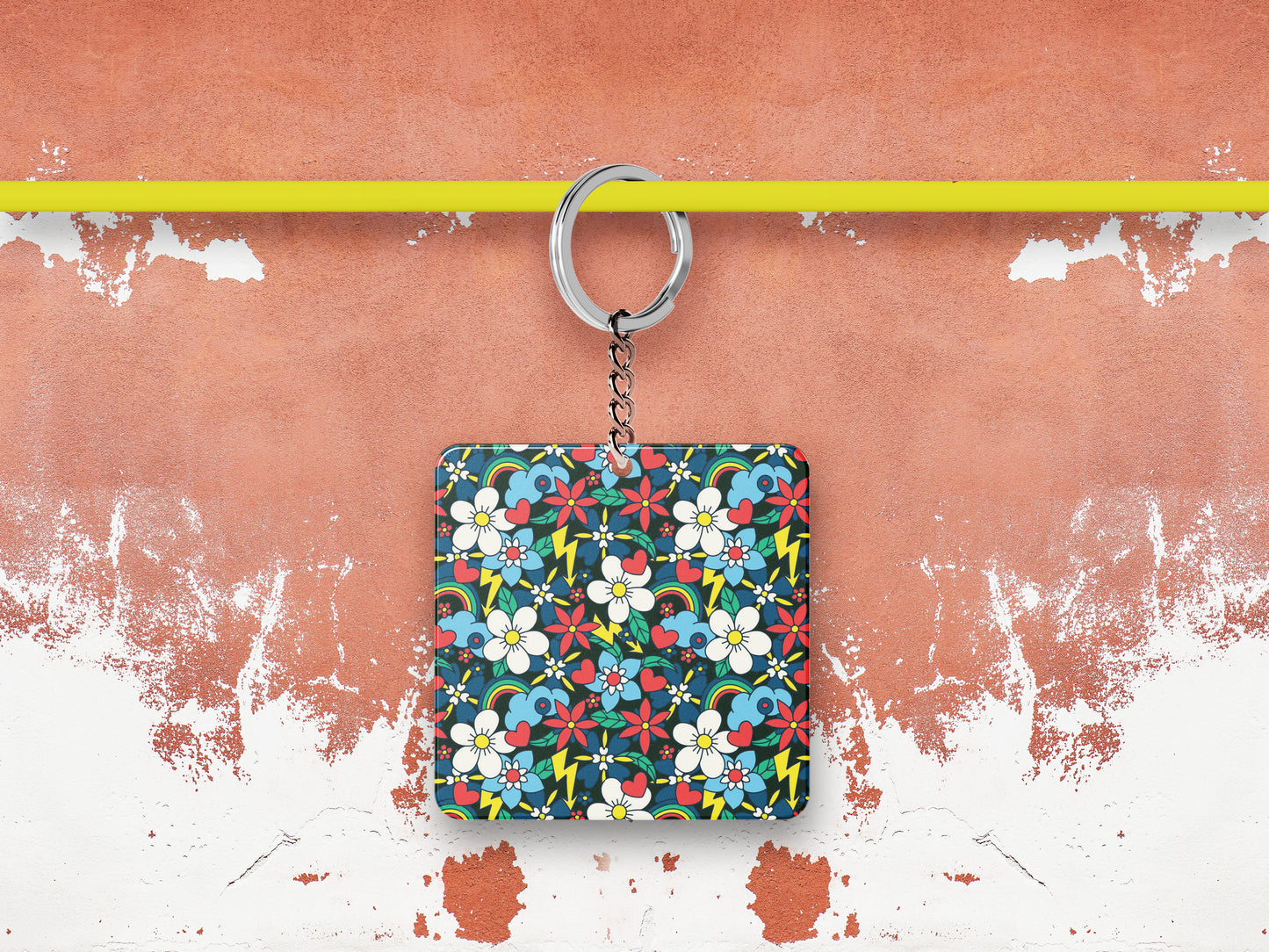 Rainbow and heart Floral Pattern Printed 330 ml White Coffee Mug with Square Shape Wooden Keyring and Chain