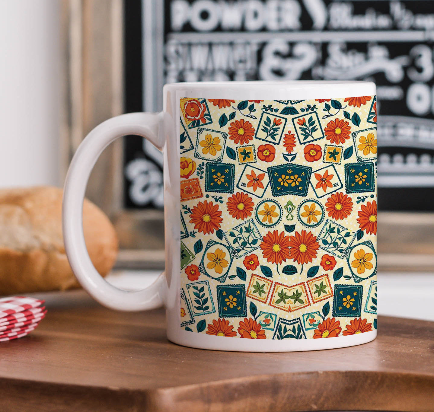 Flowers Stamps Design Combo Mugs and Coaster(Set of 2 Mugs and 2 coasters) 330 ml Coffee Mug