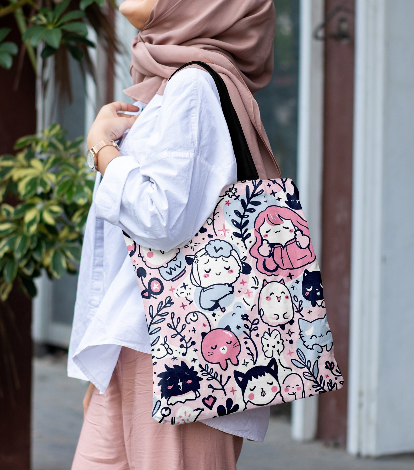 Cute Cats Pattern Printed Black Handle Tote Bag (14 X 16 Inches) For Shopping, College, Travel