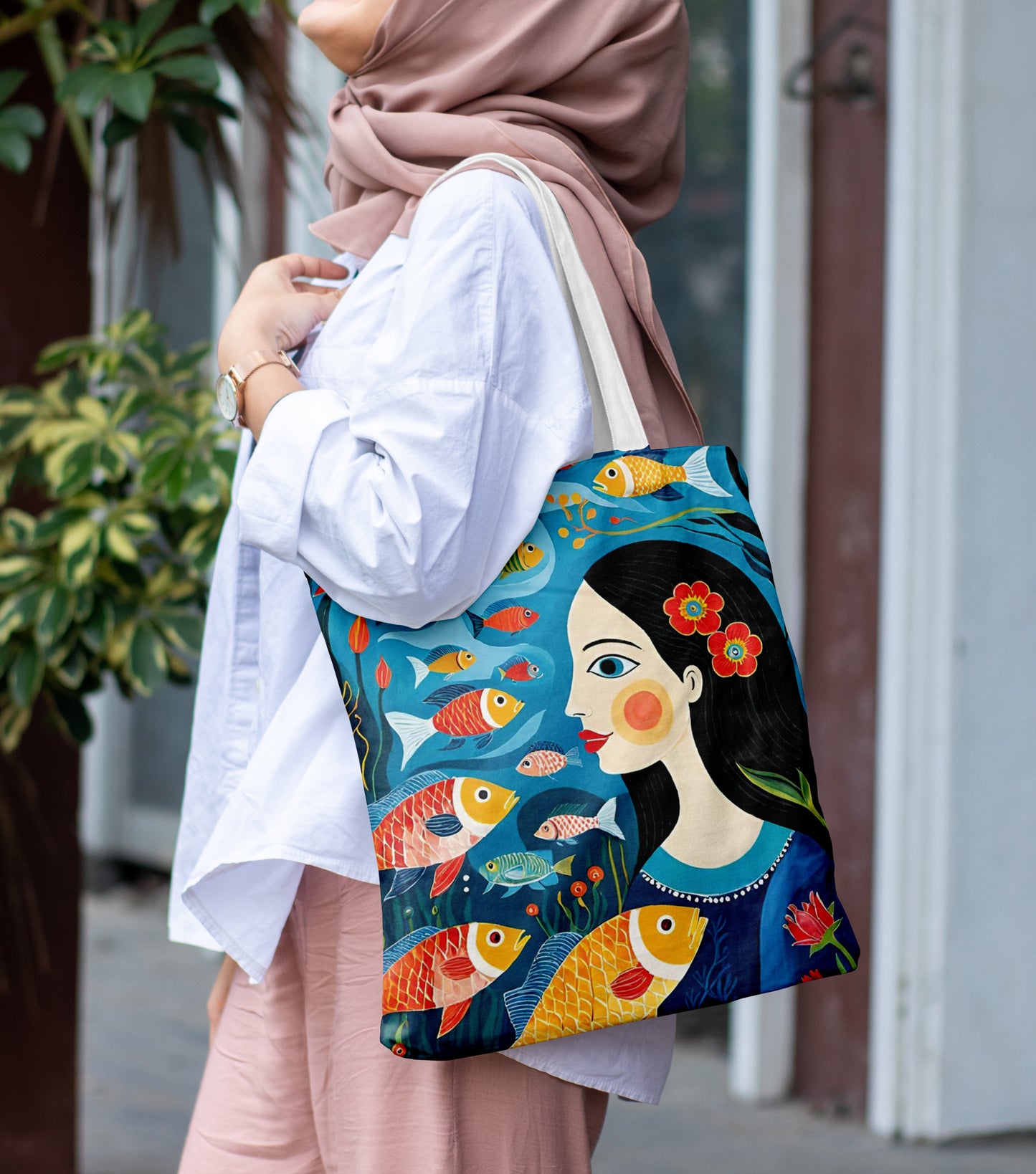 Fishes with woman Printed Design White Tote Bag (14 X 16 Inches) For Shopping, College, Travel