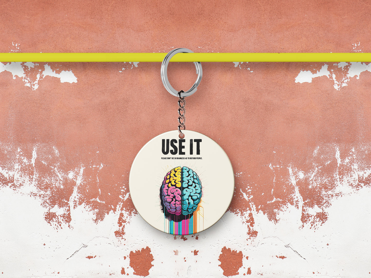 Vibrant Dual Hemisphere Brain Art Motivational Printed Round Circle Shape Wooden Keyring with Chain