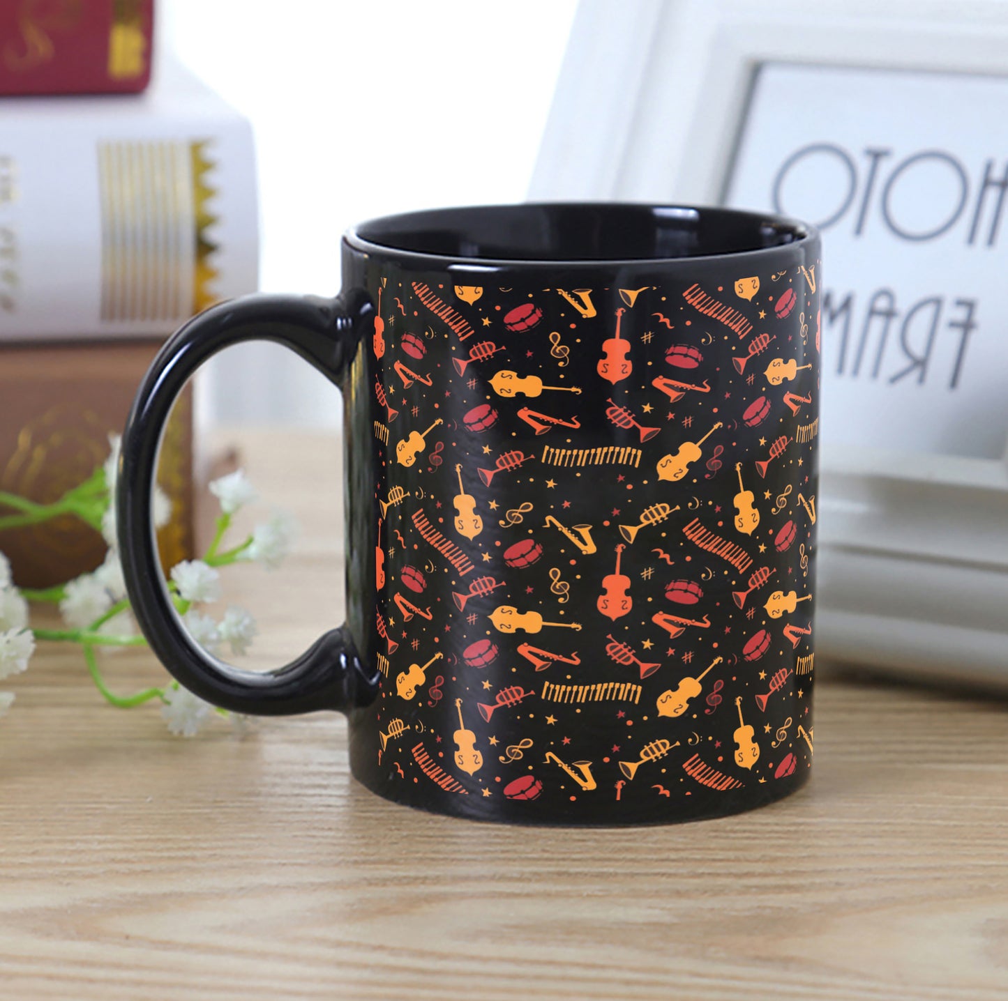 Music Instruments Pattern Design Full Black 330 ml Coffee Mug with Coaster