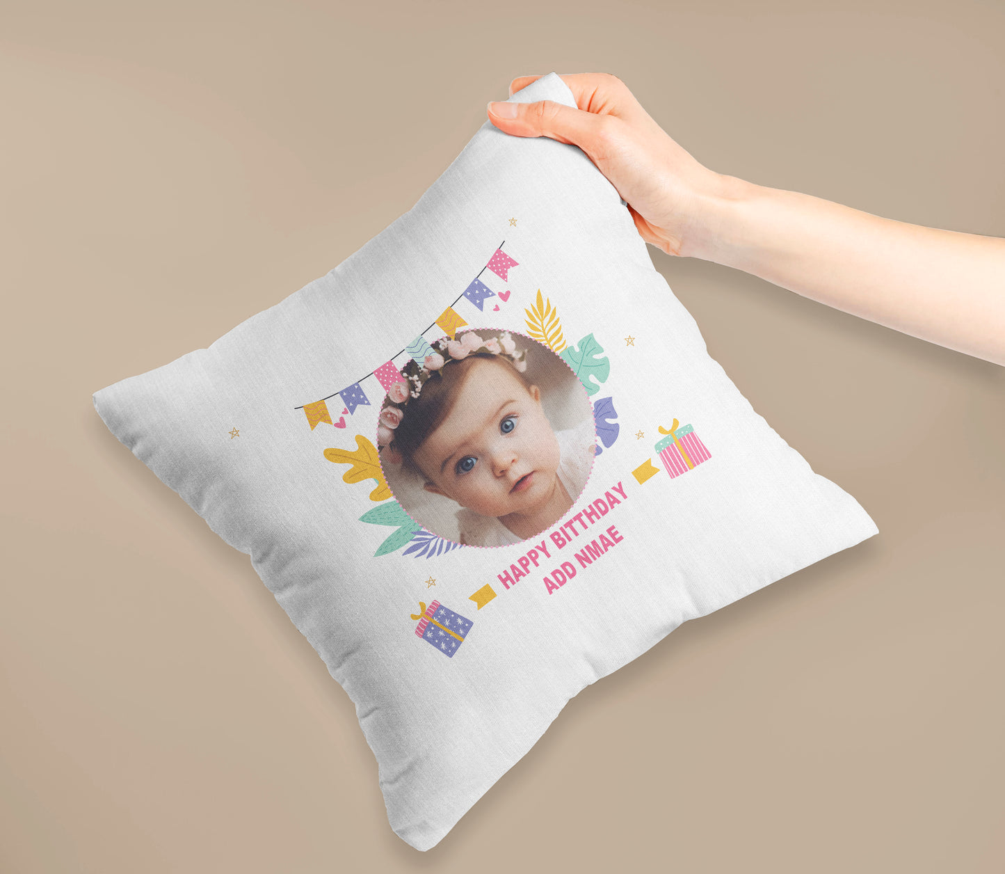 Happy Birthday Printed Customized Decorative Size (Add One Photo Cushion) (12x12 inch), | Pack of 1