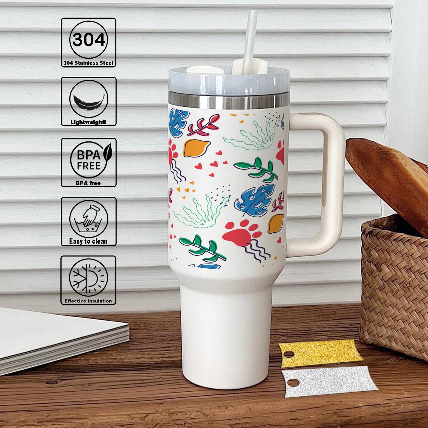 Hand drawn abstract element pattern Printed 850ML with Lid Leak Proof Big Travel Tumbler with Handle and Straw