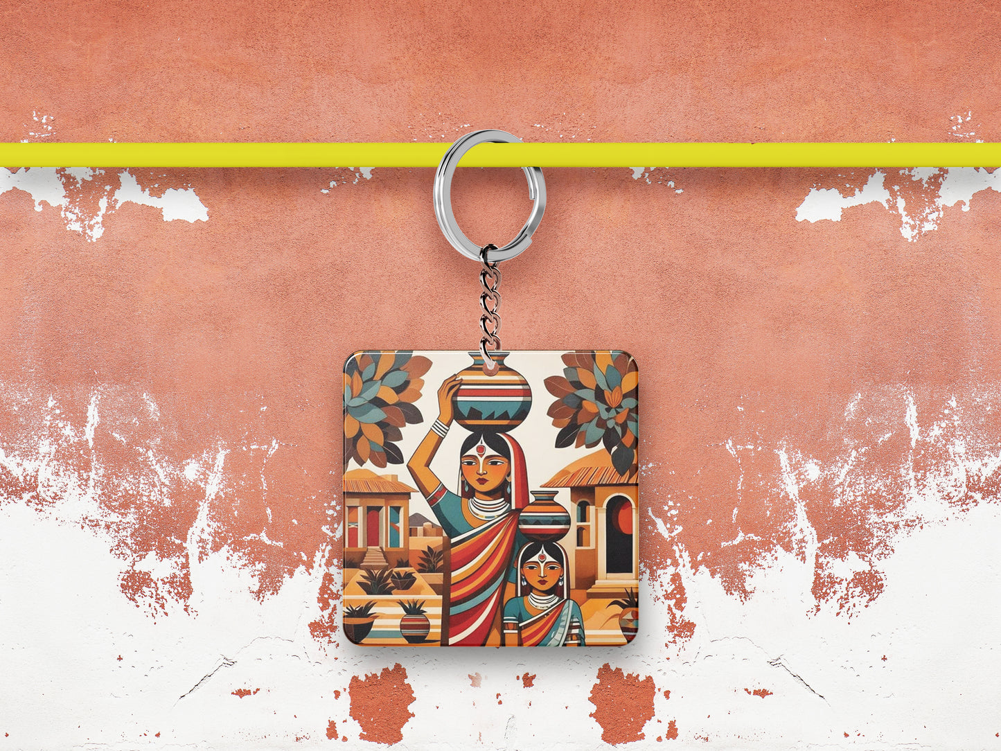 Village Woman royalty illustration Printed Square Shape Wooden Keyring with Chain