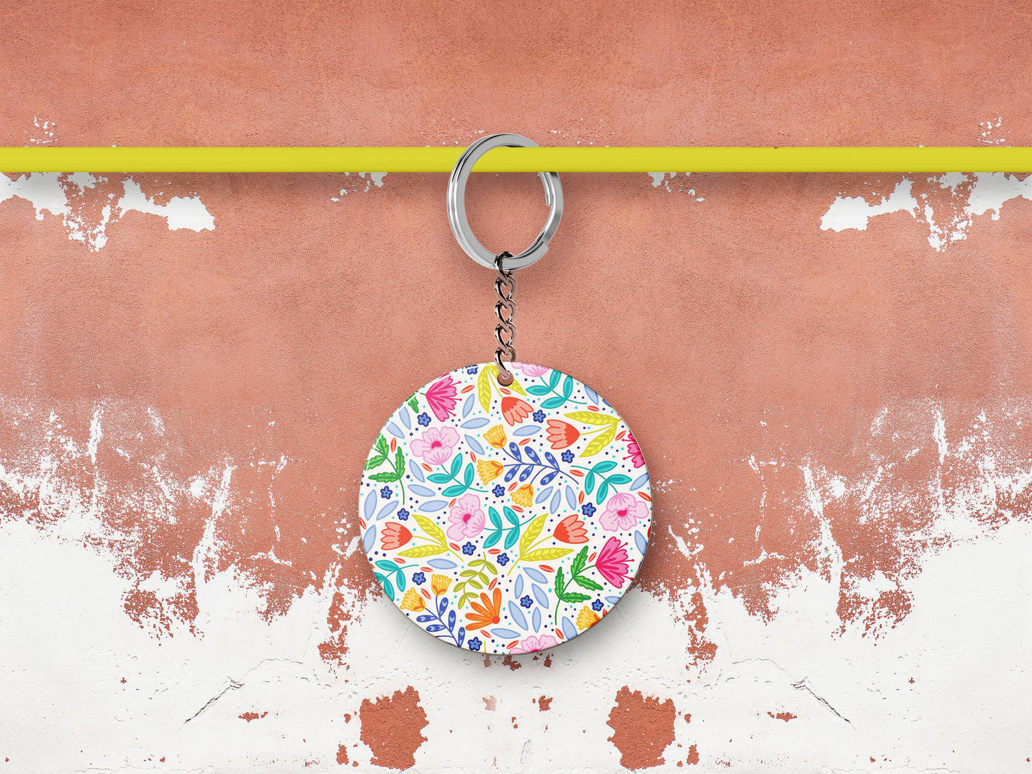 Amazing seamless floral pattern Printed Round Circle Shape Wooden Keyring with Chain