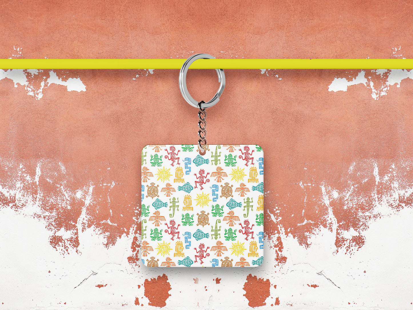 Maya Aztec Totems Seamless Pattern Printed 330 ml White Coffee Mug with Square Shape Wooden Keyring and Chain