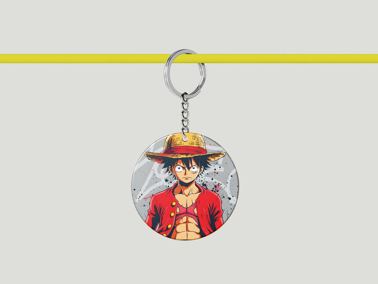 Tableau One Piece - Luffy Portrait - Decoration Morale Design Printed Circle Shape Wooden Keyring with Chain