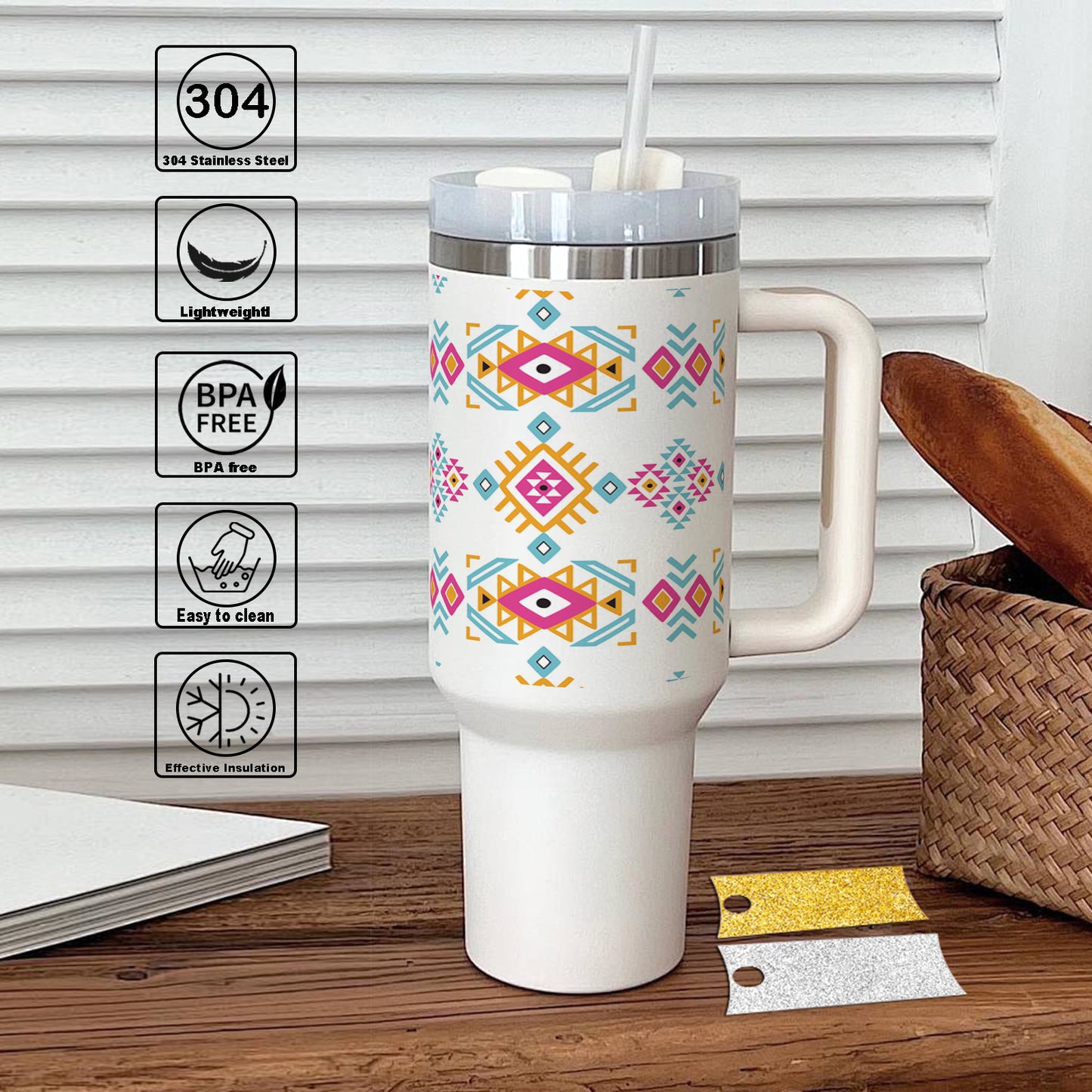 Hand drawn peruvian pattern Printed 850ML with Lid Leak Proof Big Travel Tumbler with Handle and Straw