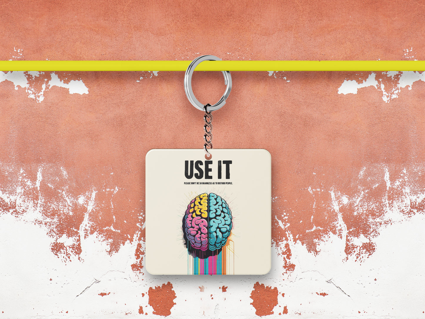 Vibrant Dual Hemisphere Brain Art Motivational Printed Square Shape Wooden Keyring with Chain