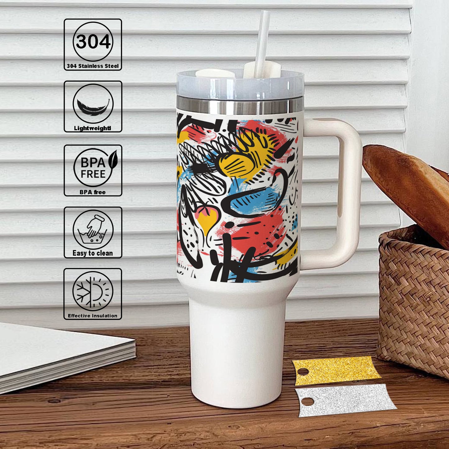 A colorful painting of a man with a yellow hat Printed 850ML with Lid Leak Proof Big Travel Tumbler with Handle and Straw