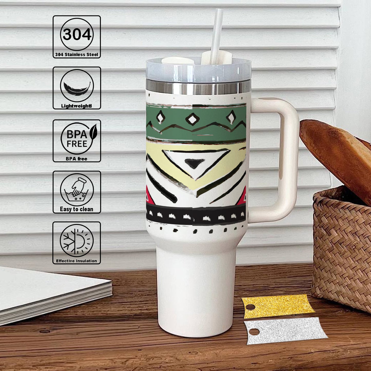 Ethnic Pattern 2 Printed 850ML with Lid Leak Proof Big Travel Tumbler with Handle and Straw
