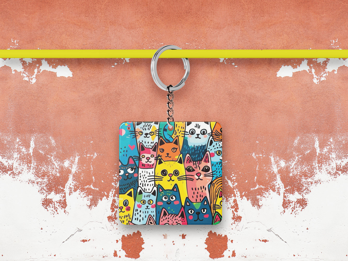 Colorful cat doodle art Printed Square Shape Wooden Keyring with Chain