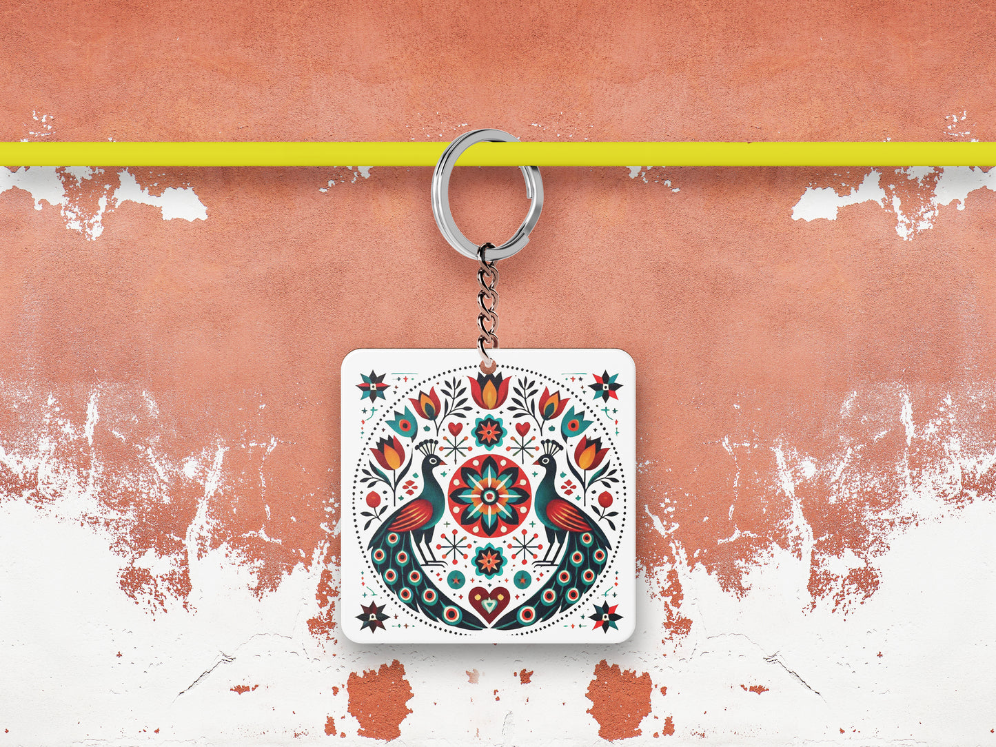 Pennsylvania Folk Art Pattern Printed 330 ml White Coffee Mug with Square Shape Wooden Keyring and Chain