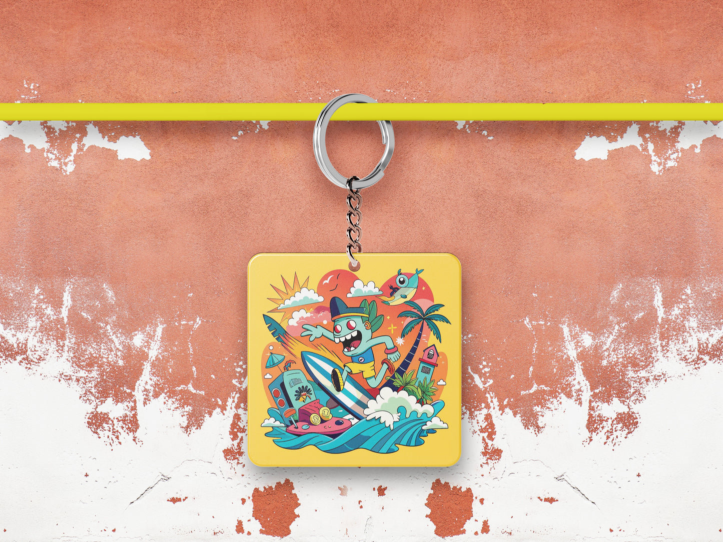 Humorous Pop Culture Pattern Printed 330 ml White Coffee Mug with Square Shape Wooden Keyring and Chain