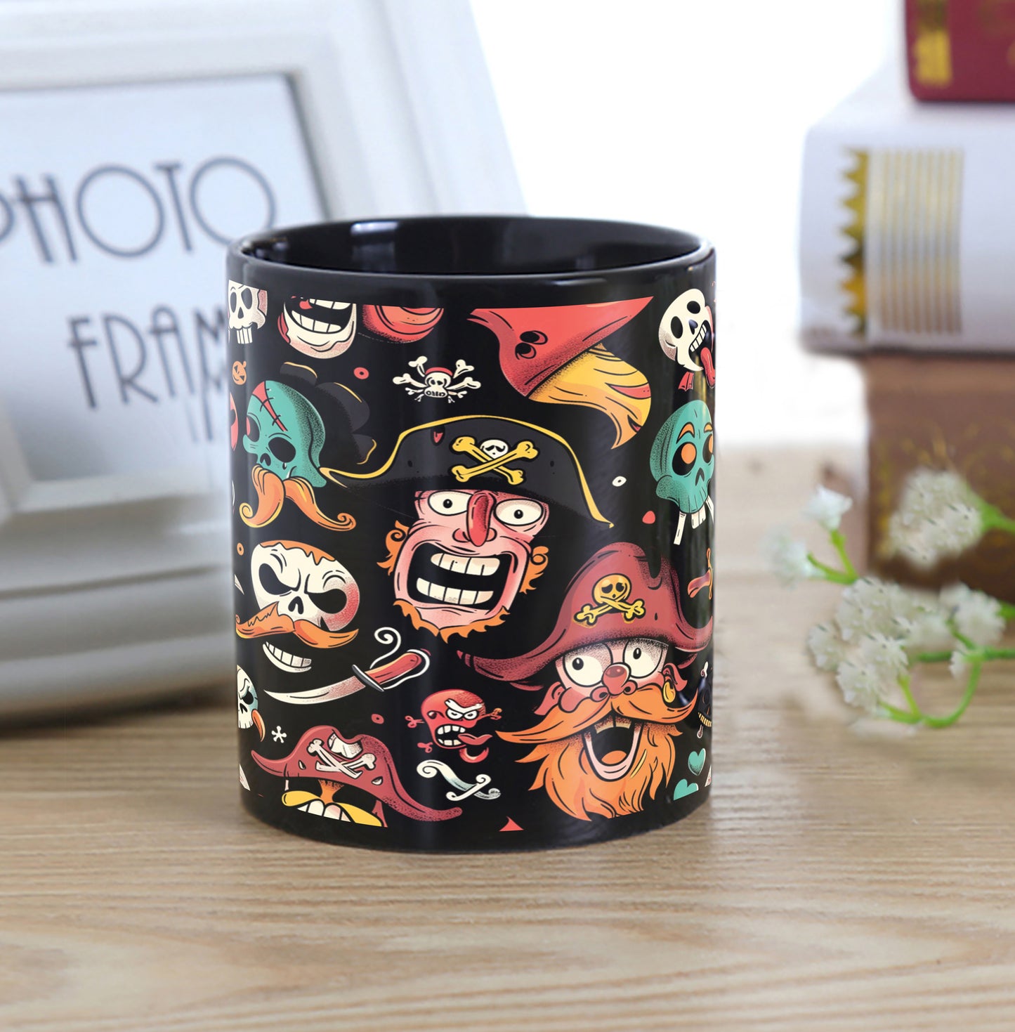 Cartoon Characters Pirate Combo Mugs and Coaster(Set of 2 Mugs and 2 coasters) 330 ml Full Black Coffee Mug