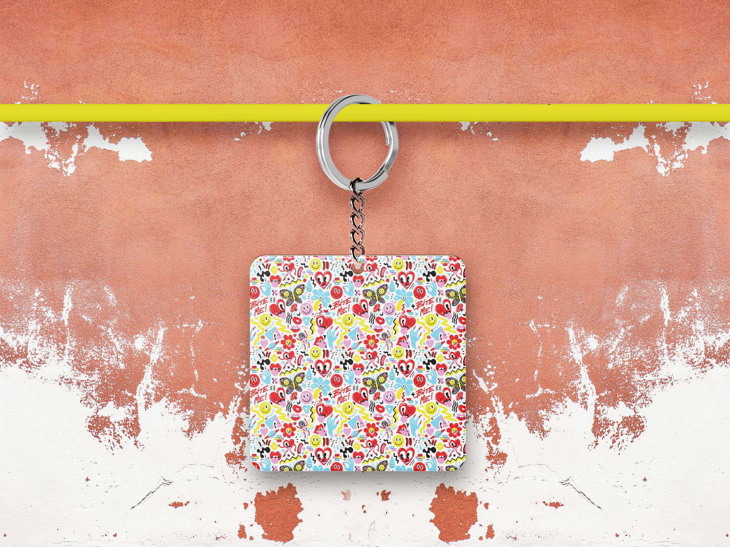 Love Elements Pattern Printed 330 ml White Coffee Mug with Square Shape Wooden Keyring and Chain