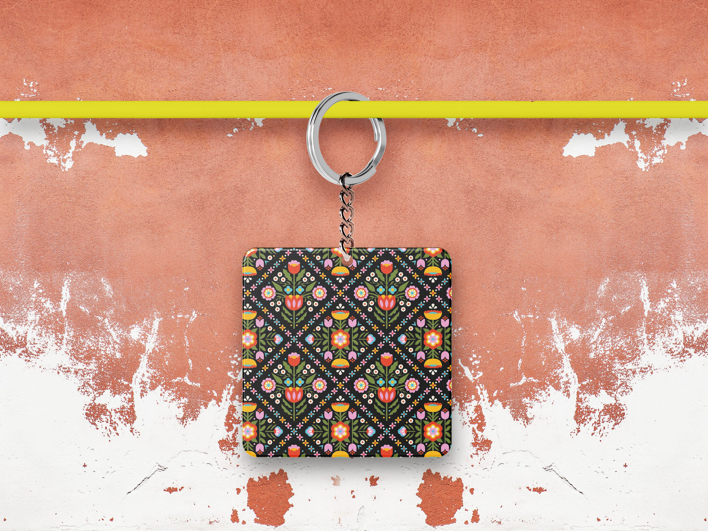 Folk Art Flower Patterns Printed 330 ml White Coffee Mug with Square Shape Wooden Keyring and Chain