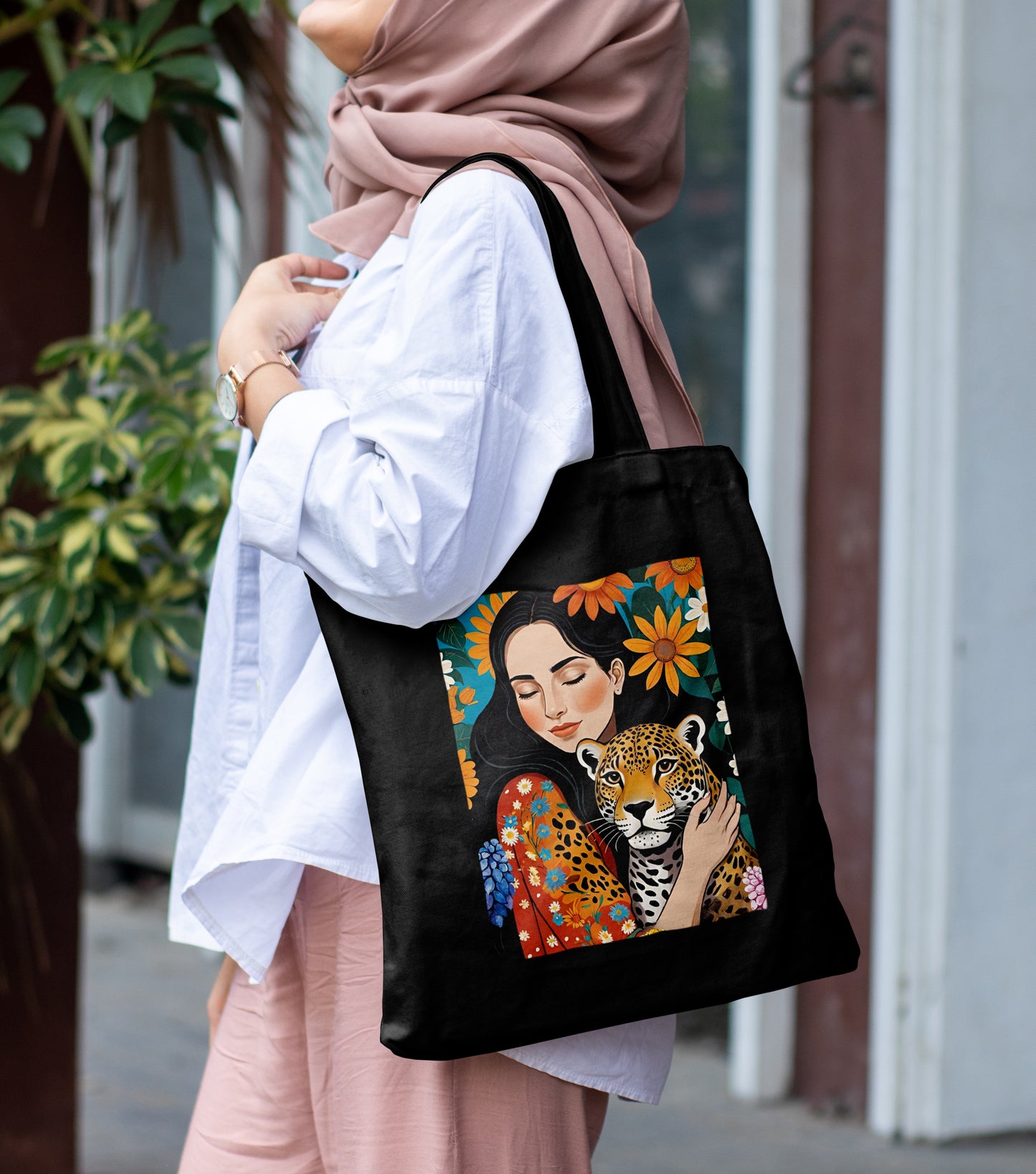 Girl With Leopard In Jungle colorful art Design Printed Black Patch With Pocket Tote Bag (14 X 16 Inches) For Shopping, College, Travel