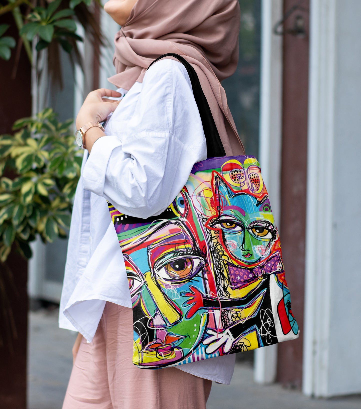 Abstract Digital Painting Printed Black Handle Tote Bag (14 X 16 Inches) For Shopping, College, Travel