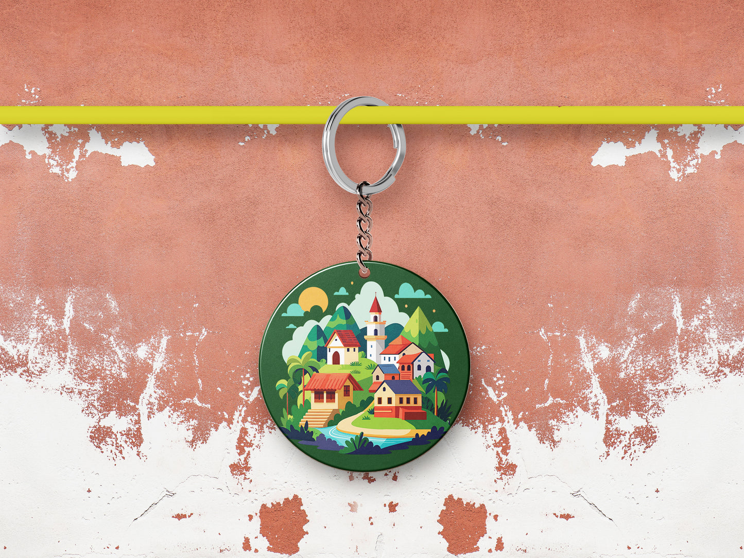 A Cartoon Illustration of a Fantasy Landscape with a Waterfall a Castle and a Mountain Printed Round Circle Shape Wooden Keyring with Chain