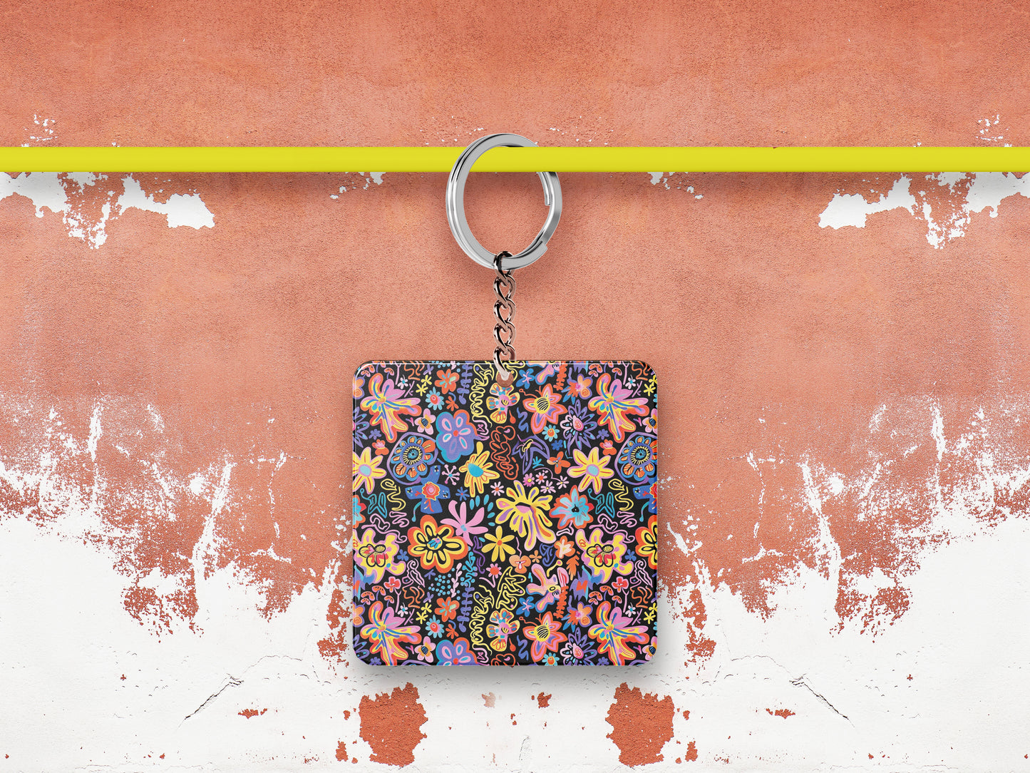 Colorful Flowers Pattern Printed 330 ml White Coffee Mug with Square Shape Wooden Keyring and Chain