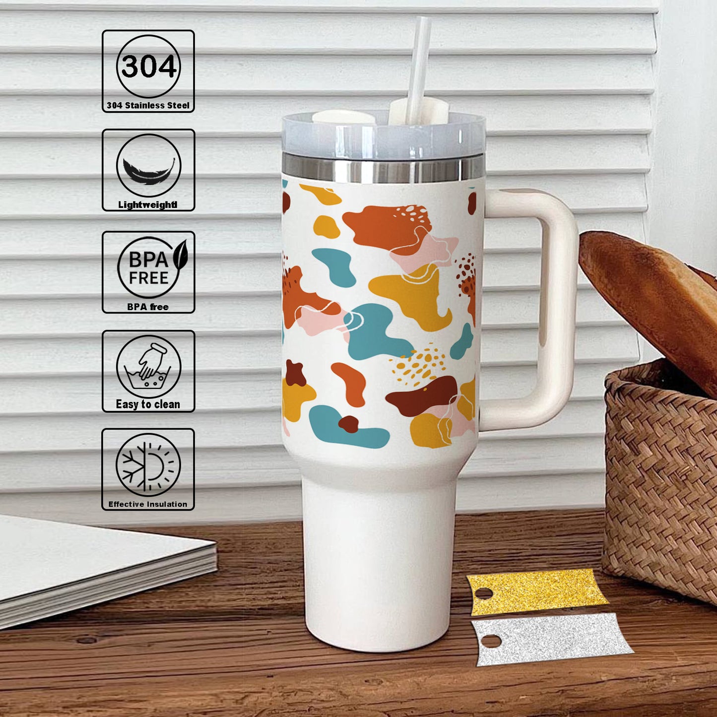 Hand drawn abstract doodle pattern design Printed 850ML with Lid Leak Proof Big Travel Tumbler with Handle and Straw