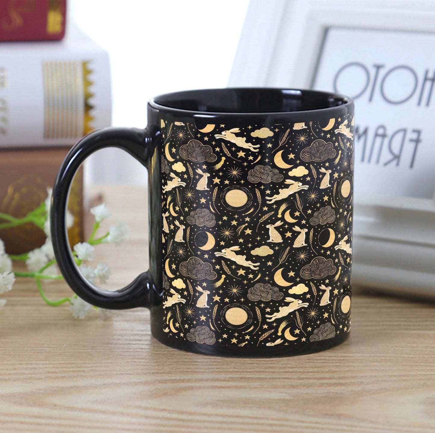 Harvest Moon Design Full Black 330 ml Coffee Mug with Coaster