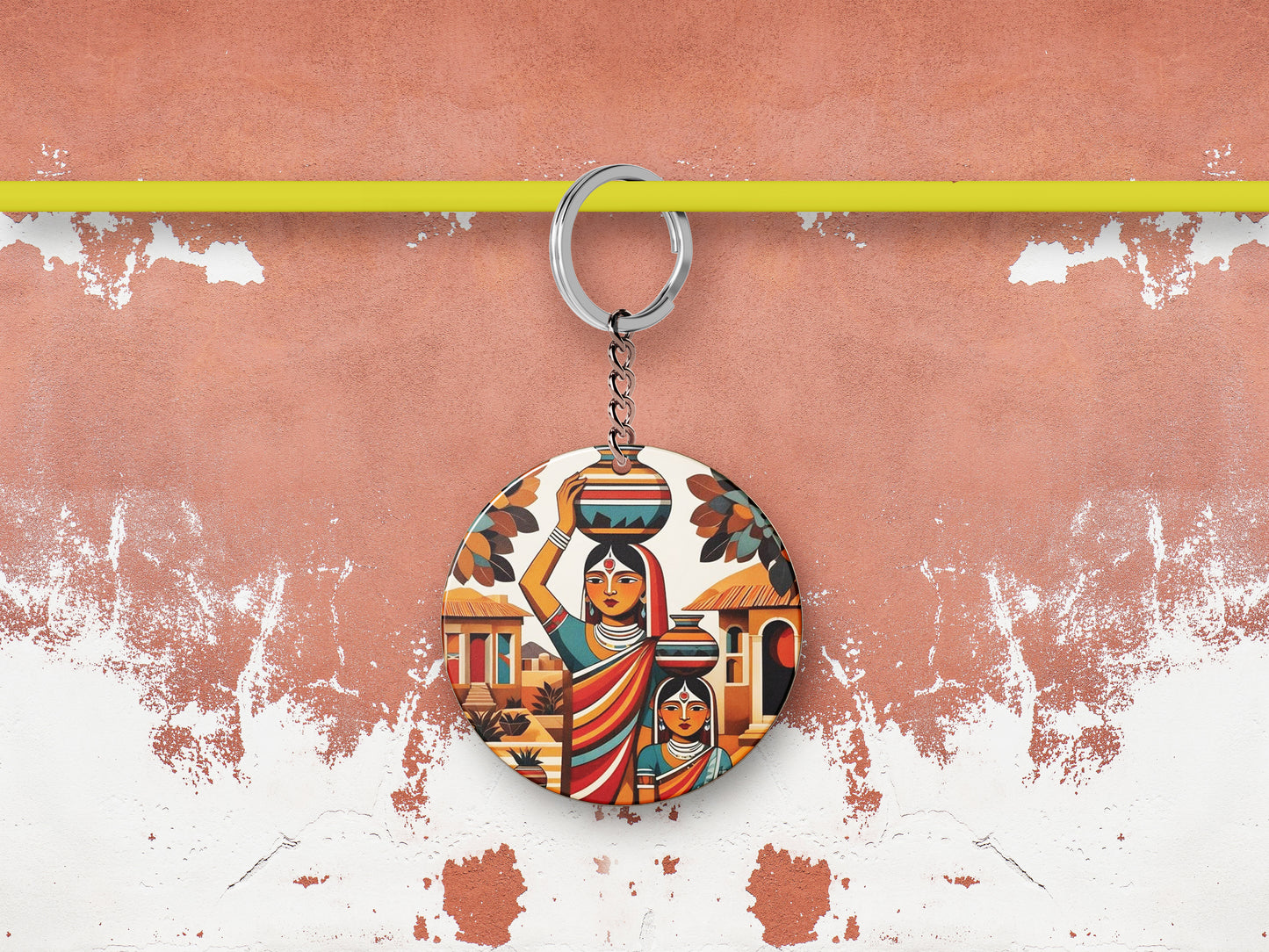 Village Woman royalty illustration Printed Round Circle Shape Wooden Keyring with Chain