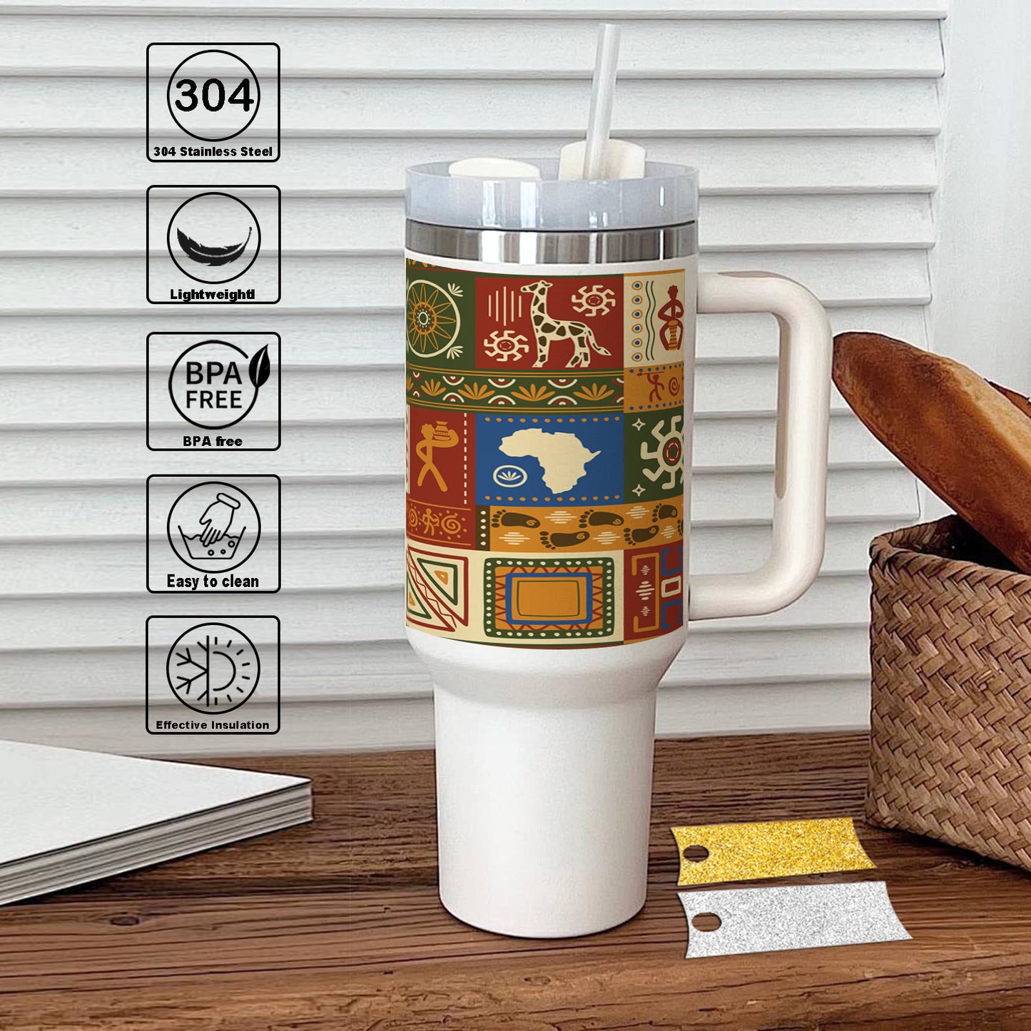Flat African pattern 3 design Printed 850ML with Lid Leak Proof Big Travel Tumbler with Handle and Straw