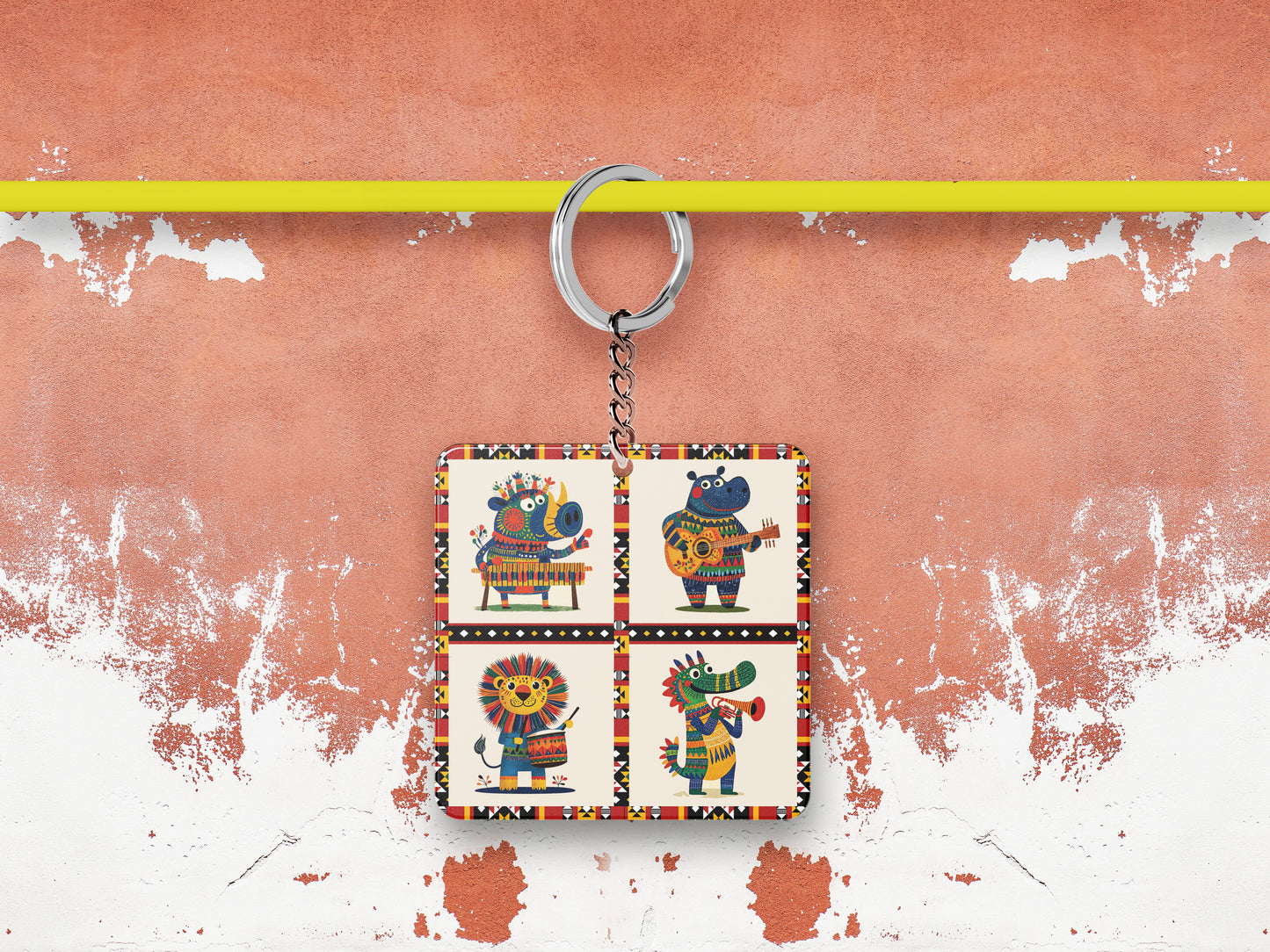 Animals Playing Instruments Pattern Printed 330 ml White Coffee Mug with Square Shape Wooden Keyring and Chain