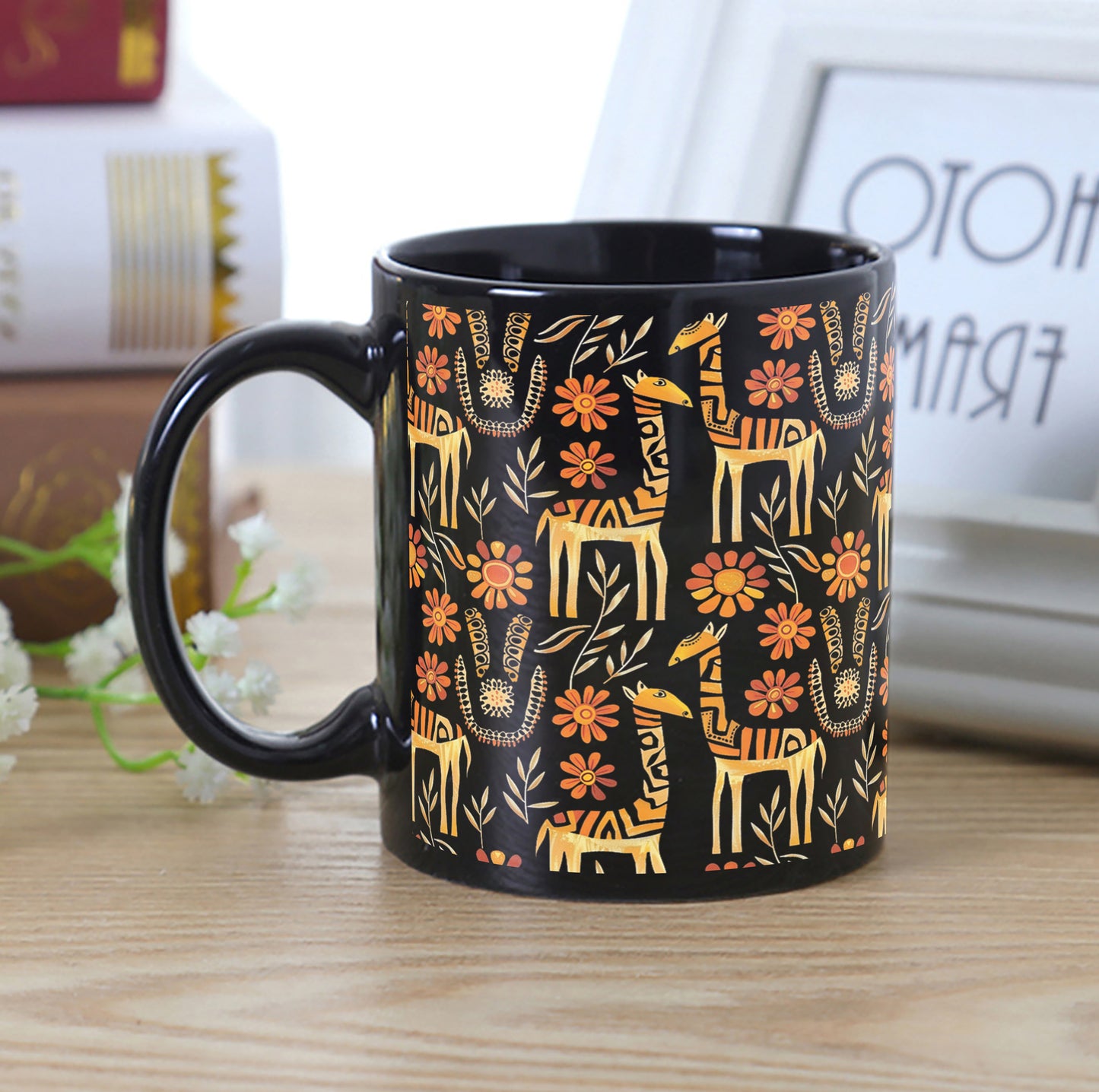 Seamless Doodle Animal Art Pattern Design Full Black 330 ml Coffee Mug with Coaster