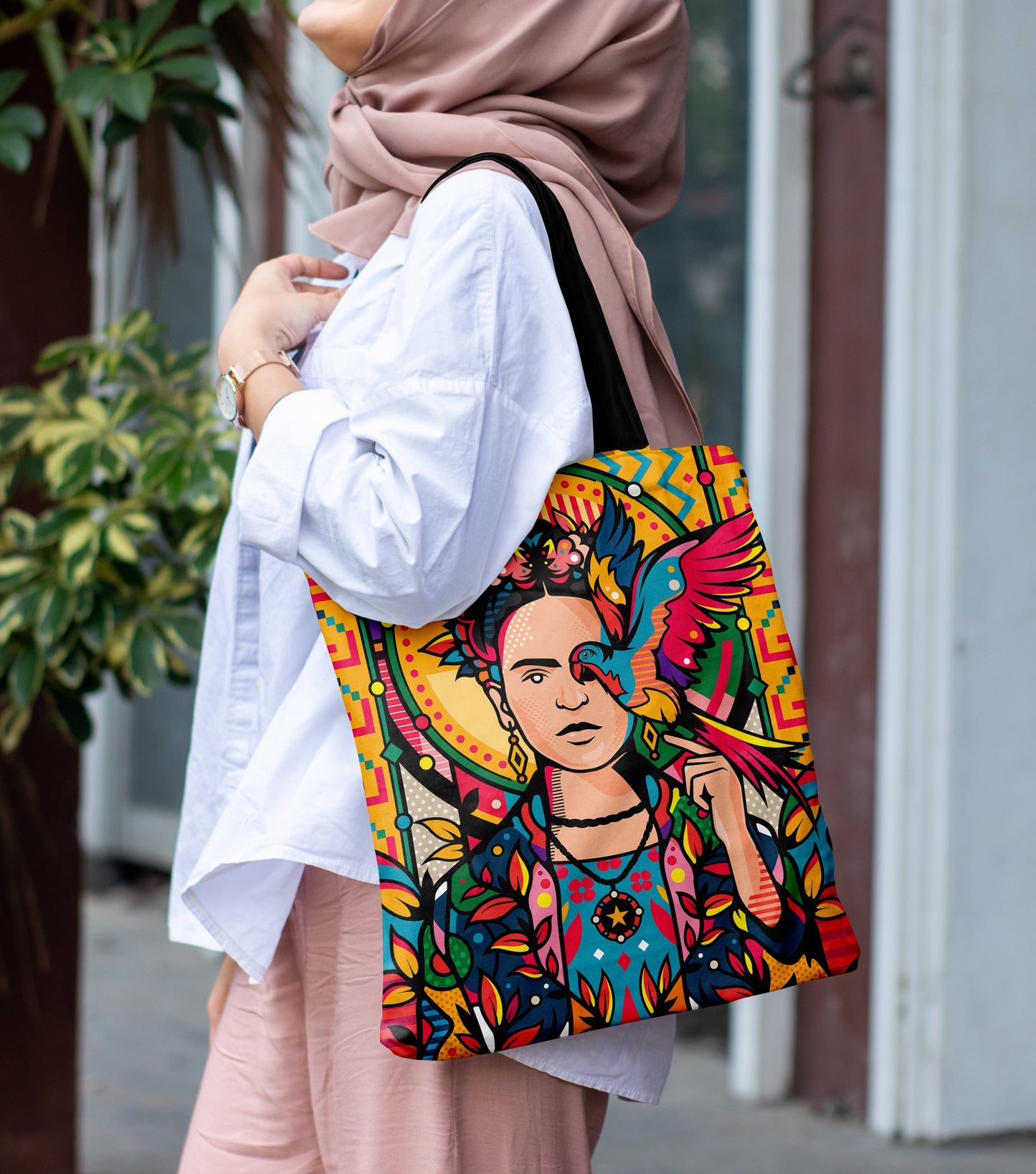 Indian Aesthetic Pop Art Design Printed Black Handle Tote Bag (14 X 16 Inches) For Shopping, College, Travel
