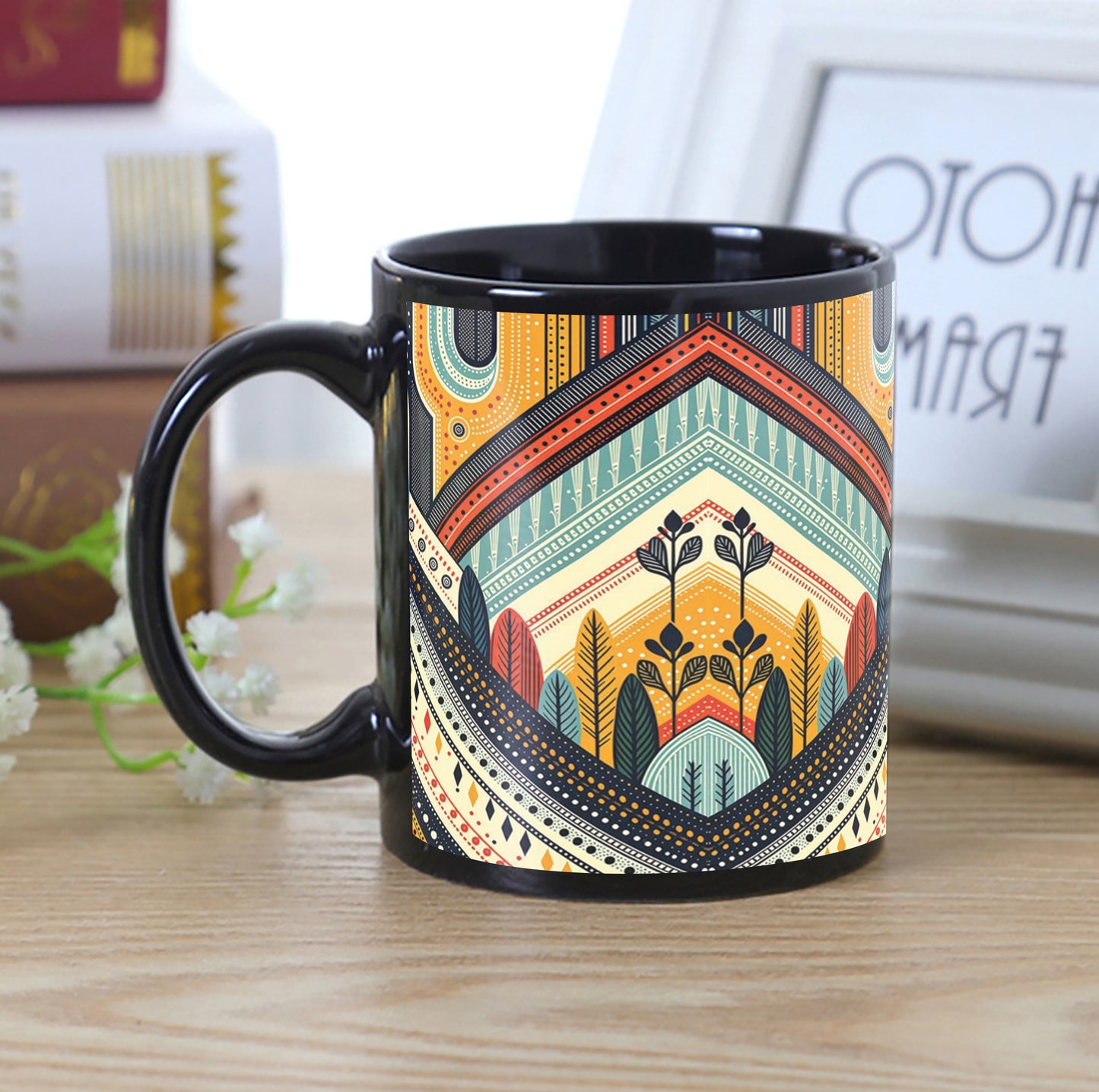 Boho Art Design Full Black 330 ml Coffee Mug with Coaster