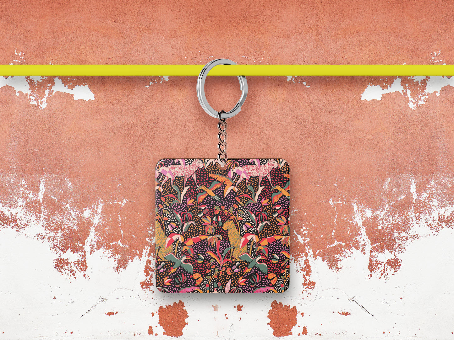 Cheetah and Flower Pattern Printed 330 ml White Coffee Mug with Square Shape Wooden Keyring and Chain