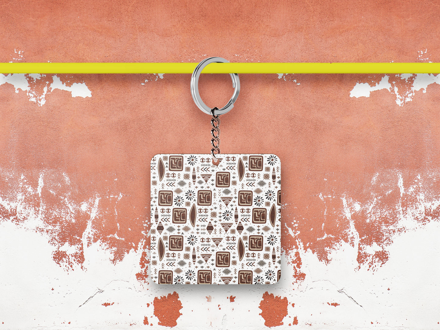 Ethnic Seamless Pattern Printed 330 ml White Coffee Mug with Square Shape Wooden Keyring and Chain