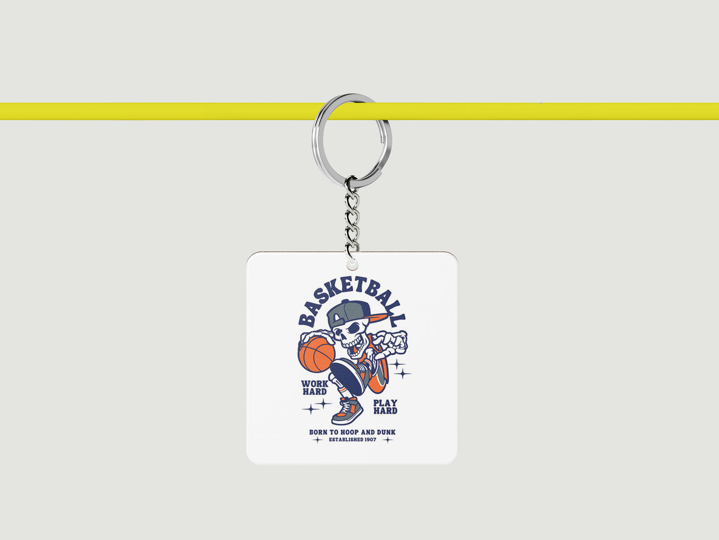 Basketball Skeleton Playing Basketball Halloween Printed Square Shape Wooden Keyring with Chain