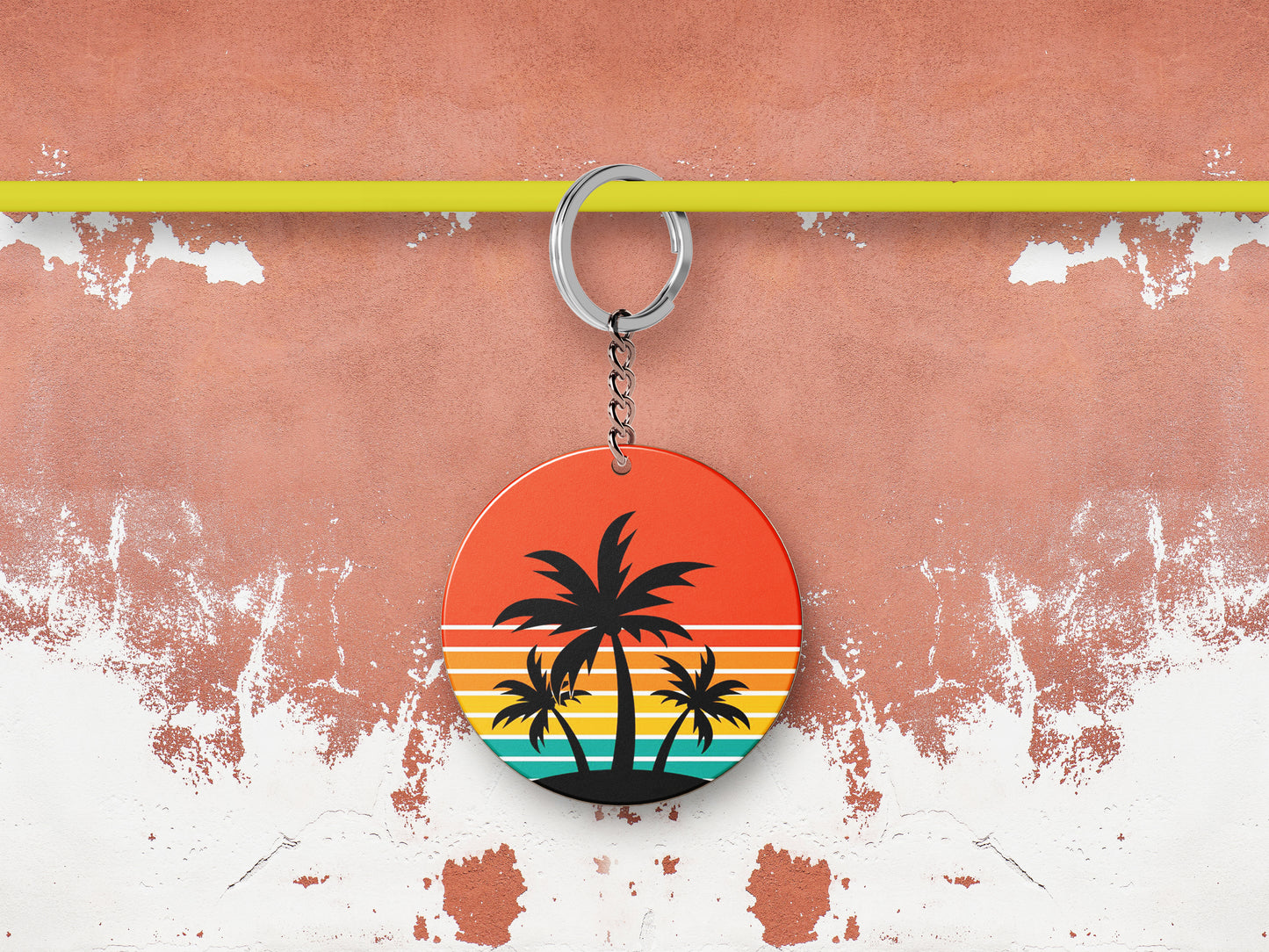 Sunset palm tree vintage vector illustration Printed Round Circle Shape Wooden Keyring with Chain