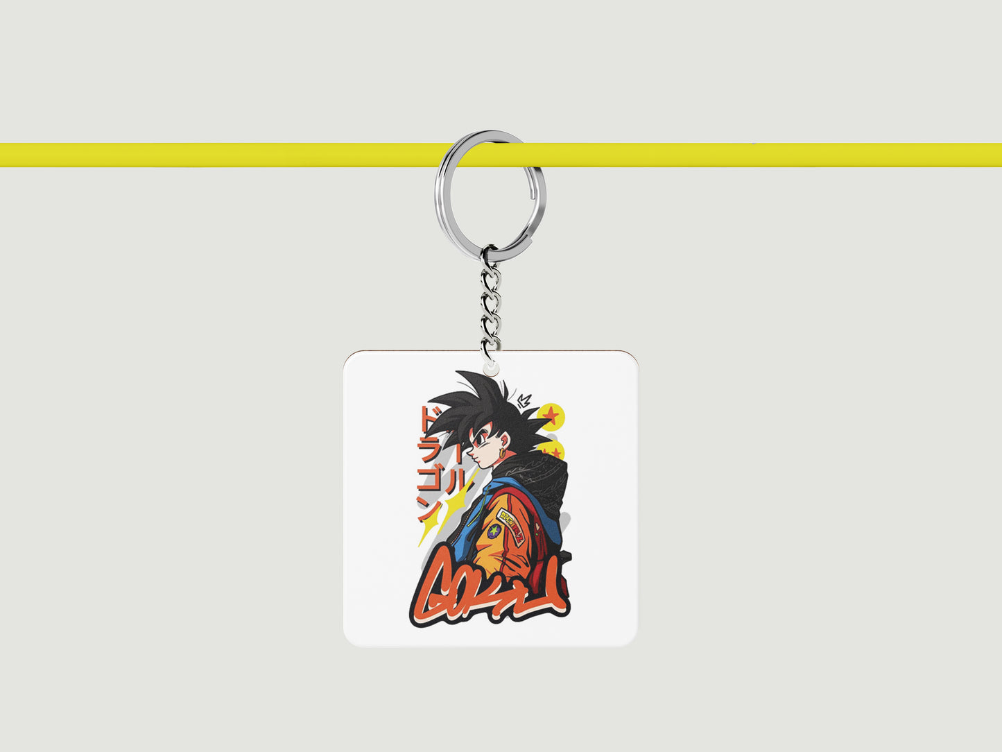 Goku streetwear Sticker Printed Square Shape Wooden Keyring with Chain