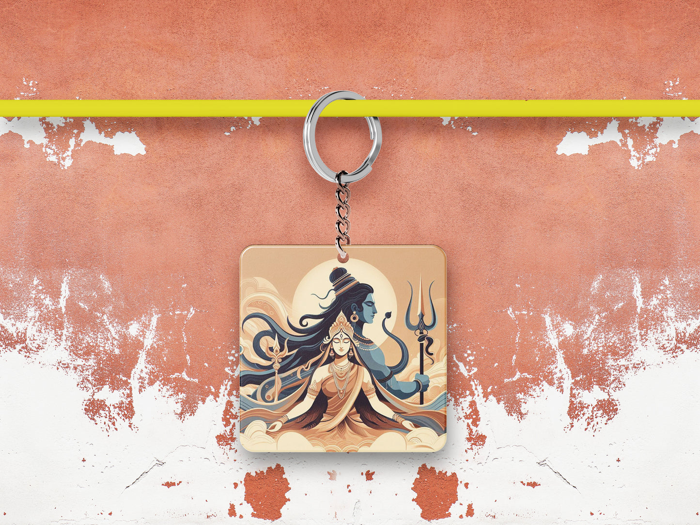 Maha Shivratri Lord Shiva Artwork, Mahadev illustration Printed Square Shape Wooden Keyring with Chain