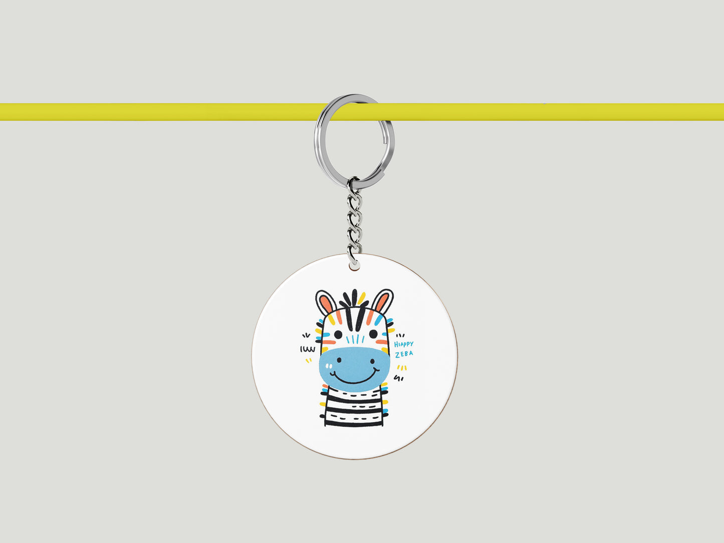 Happy Zebra Printed Circle Shape Wooden Keyring with Chain